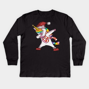 Unicorn Wearing Santa Hat, Showing Scarf And The Trendy Dab Dance Pose Of Rainbow Unicorns Kids Long Sleeve T-Shirt